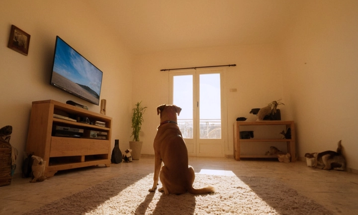 360° de una casa o edificación, con perros invasores (representados por figuras en miniatura) a la intención de ocupar el espacio El cielo es iluminado por un brillante sol y los objetos aledaños se veían mediante sombras oscuras, para darle una sensación futurista y moderna al artículo La cámara está centríada y el fondo es sin mucha claridad, lo que destaca la efectividad del Ahuyentador de Perros en exterior y sus posibles beneficios para las personas que buscan proteger su propiedad y tranquilidad