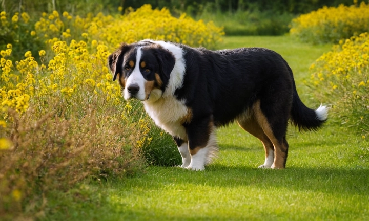 A un ejemplar delermatino, midiendo aproximadamente 20 centimeters, portando el habitual corriendo de perros suizos en áreas rocosas o escarpadas El fondo puede estar formado por una paisajía natural, como un acantilado con nieves contrastantes en los primeros días de invierno y luego se transforma en verano en un exuberante jardín de flores La imagen debe ser naturalista y mostrar el carácter atrevido y decidido del perro Berner que está disfrutando de su actividad rutinaria en la naturaleza, con un tono a tono suave y uniforme, combinado con un fondo color verde