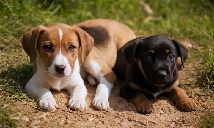 2 caninos pequeños con colmillos y ojos grandes, posiblemente en una armoniosa interacción social, mientras bailan o juegan juntos en un terreno abierto Evita exagerar los contrastes de color y mantén el tono amable y naturalismo del retrato La imagen debe transmitir la alegreza y afecto compartidos por estas maravillosas criaturas sin importar el tamaño