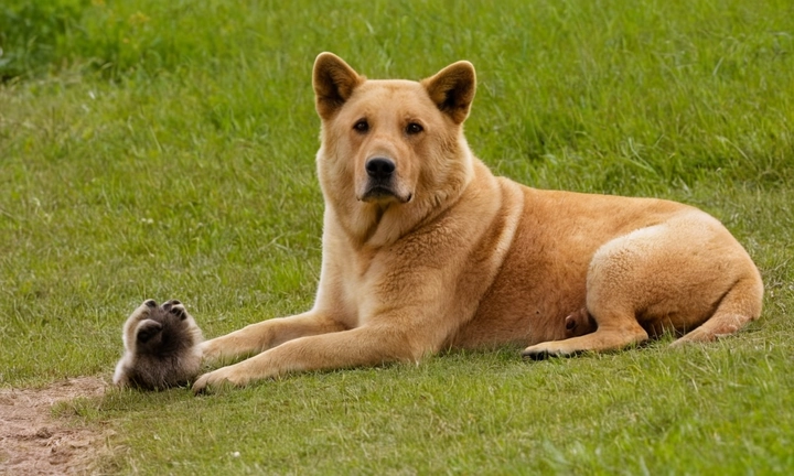 1) Un perro de osos careliano en medio del paisaje, con sus colas y zonas moldeadas enfocados; 2) El aspecto general del perro, incluyendo su pelaje y color natural; 3) Una ilustración que represente la fascinante historia y características únicas de estos animales Para facilitar la comprensión, sugiero que también incluya información básica sobre el origen y habitat del perro de osos careliano en un cuadro simple detrás de la imagen principal