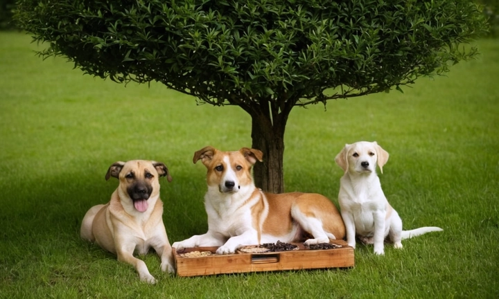 3 perros, dos posiblemente cazando alrededor de un árbol y uno en posición fetal, con el fondo en tono verde y los chalecos mostrados en la parte superior de sus trajes Utiliza una paleta de colores neutrales para darle un aspecto profesional a tu artículo