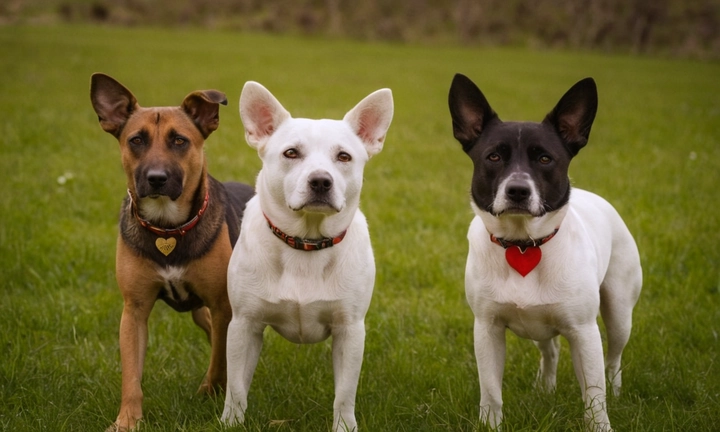 3 perros detrás de una gran hoguera, uno de ellos en el collar de ceniza inspirado por las cenizas de sus corazones muertos Los ojos de los perros expresan suavemente la emoción y el recuerdo de aquellos que nunca fueron lo mismo