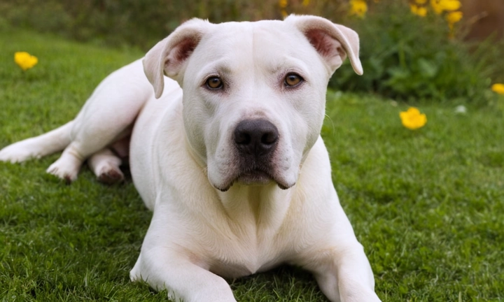 1) Un macho y una femenina Dogo Argentino enjaulados en un jardín, mostrando su pelaje de tonos azules y rojos fuertes 2) La intensidad de sus ojos azules profundos, que reflejan la valentía y fuerza de esta raza canina 3) Un toque natural con el que se destaque la belleza del perro, como un cielo esternado o una flor en las manos La paleta cromática y el estilo retrato son ideales para capturar la esencia de este lindo perro