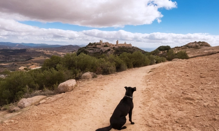 1) Un mascotín español en compañía de un adulto, mostrando respet y amistad entre las razas 2) El paisaje natural o lazo aislado que refleje el espritismo y valentía de la raza canina 3) Una tonalidad con un cielo azul y una atmósfera en tono de marrón, para dar paso a los colores vibrantes y fuertes característicos del Mastín español No se permiten personajes o fondos que destaque la presencia humana, preferiblemente el rostro y el contorno facial de un adulto La imagen debe transmitir pasión, amistad y dignidad en su conjunto, respetando el carácter noble y valiente del Mastín español