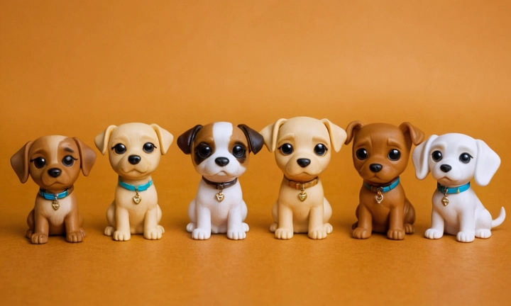 3 canastas de madera en tono pastel con perros de Funko Pop colgando del lado derecho, con un fondo amarillo claro y una etiqueta que dice COLLECTA A TUS AMIGOS CANinos CON FUNKO POP DE PERROS Adorable y Divertidos