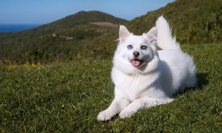 1) Un macho Grifón azul de Gascuña (Ragdoll Canine en inglés) con su aspecto típico y hermoso, posando con un sorriso natural 2) La delicada combinación de colores en el pelaje del perro, que varía de tono desde verde a azul ciñdorado según la vista 3) Una imagen en la que se aprecie la majestuosidad y elegancia del animal alround el paisaje natural, como un valle rodeado de colinas con vegetación alrededor