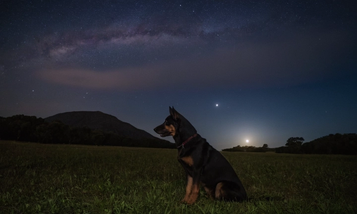 1) Un perro Kromfohrländer en primer plano, con una expresión curiosa y concentrado en algo (como explorando su entorno o un nuevo desafío) 2) Un fondo en tono de cielo con detalles nocturnos, como estrellas y luna crepiscente 3) Un ambiente familiar o tranquilo en el que el perro está siendo retratado En la parte superior o inferior del cuadro, puede incluir un letrero informando sobre la raza, su origen o rasgos específicos La imagen debe transmitir una sensación de atractivo y originalidad sin ser excesivamente ornitométrica ni centrarla en el rostro del perro