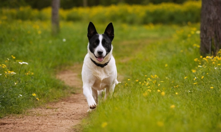 1) El Laika ruso y europeo en su entorno natural, tal vez explorando un jardín o caminando por una ciudad; 2) Un aspecto serio y atento al cuidado del perro, con posibilidades de incluir expresiones amables y carismáticas del animal; 3) Al menos tres diferentes imágenes del perro en varios momentos de su vida (arbolización, exploración natural, tiempo compartido con el dueño), mostrando su evolución y personalidad La imagen no debe ser detallada ni cargada de información, sino simplemente mostrar la belleza y majestuosidad del perro