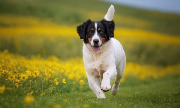 Perro Münsterländer en movimiento, con facciones amables y ojos lúgubres que transmite su carácter travieso y irresistible La ambientación podría ser una simple butaca en un jardín al aire libre con la naturaleza como fondo, o una estancia en el interior, donde se vea a los perros caminando entre las cosas y interactuando con su entorno El tono de la imagen puede ser natural, pero también puede tener un cierto elemento artístico para resaltar el carácter de estos pequeños lindados