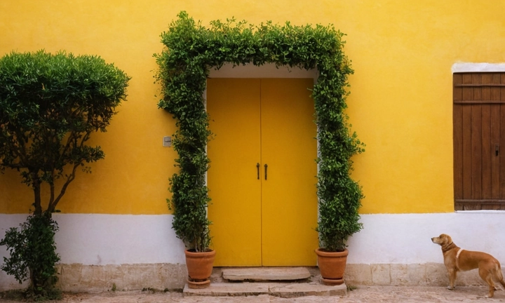 1) un pastor alemán blanco en primer plano, arrodillado y atento, con un gesto tranquilo en su expresión; 2) elementos del entorno natural o urbano como árboles, puentes, edificios contrastando el amarillo con los colores verde y naranja; 3) una linterna al tocar la puerta a tiempo para indicarle a un visitante que está disponible; 4) un fondo oscuro con detalles en contraste como luz brillante en la linterna o sombras interiores