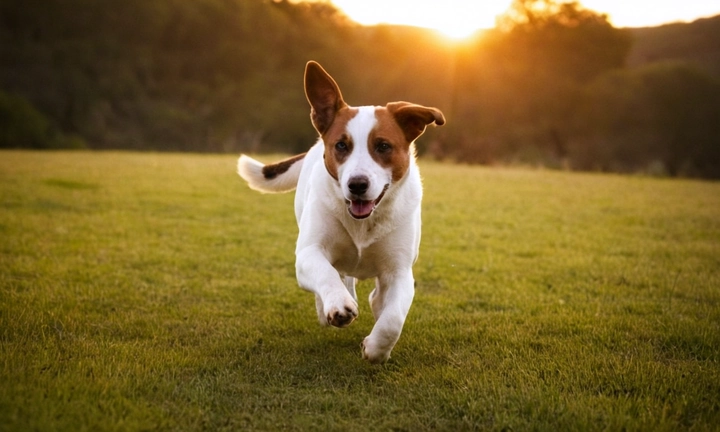 1) Una mascota Pastor Alemán Blanco en movimiento, expresándose y mostrando sus habilidades; 2) Un fondo neutro, como un paisaje o una ciudad al atardecer; y 3) Un tono serio pero alegre, que refleje la lealtad y inteligencia de esta raza canina