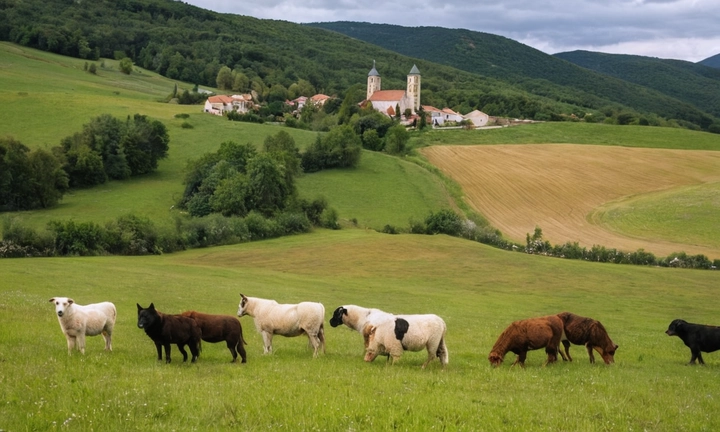 Un paisaje natural colorido y animado, en el que se resalta una granja rural o campo abierto con pasturas y ovejas, iluminada por un brillante sol de medianoche El fondo puede incluir montañas, colinas o cualquier otra formación geográfica arquitectónica relevante a la región de Bosnia-Herzegovina e Croacia La imagen debe transmitir una sensación tranquila y aventurera al mismo tiempo, invitando al lector a viajar hacia estos lugares tan fascinantes