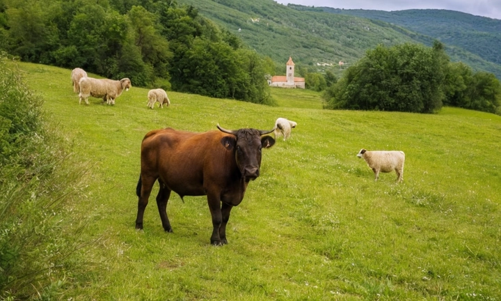 1) paisaje rural hermoso y tranquil@ con edificios destacados en el horizonte, 2) una bandera o emblema de Bosnia-Herzegovina o Croacia, y 3) algún animal sagrado como un toro o un faisán La imagen puede ser tomada en cualquier lugar de los países mencionados durante la época indicada por el artículo (hasta hace unos años)