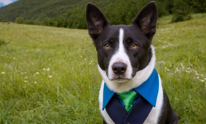 1) un Pastor de los Pirineos adulto en el aspecto noble y activo, con una expresión atento a su entorno; 2) el color característico de sus ojos verdes-azules; 3) la camisa y corbata que sostiene uno de los perros; 4) el paisaje natural, con edades escarpadas de montaña y un cielo desgarrado en el horizonte La imagen debe transmitir respeto, amistad y conexión con la naturaleza para captar el espíritu del artículo que explora las características y encantos del Pastor de los Pirineos