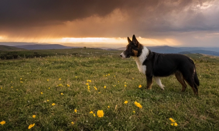 1) Un Pastor de los Pirineos en acción, como corriendo o luchando contra otros animales; 2) Un fondo natural, como un paisaje montañoso con nubes blancas en el cielo; y 3) Una composición cuidadosamente equilibrada que destaque la armonía y elegancia de este perro frío Puedes incluir una simple yet elegante esquema de sombreado o un fondo con un tono neutro para crear interés visual en la imagen La iluminación debe ser natural y amarilla-naranja, resplandeciendo sobre el perro en el centro de la imagen Debes asegurarte de que el formato de la imagen sea legible a partir del ancho (800-1200 píxeles) hasta el ancho total del dispositivo en el que estará publicada