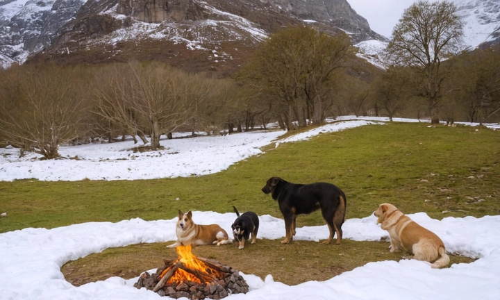 1) un Pastor de los Pirineos en acción, como corriendo o luchando contra animales; 2) una toalla o paño sucio en el que se ve claramente el pelaje del perro y suelo con restos de comida; 3) elementos de ambiente natural, como un paisaje montañoso con nieve, arbustos y vegetación alrededor Evita descripciones largas e inventar palabras innecesarias