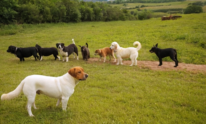 1) El Pastor del Sur de Rusia, una raza canina robusta y valiente, con características únicas y destacadas, como un pelaje grueso y colorido; 2) Un fondo natural, como un paisaje rural o una granja, donde el pastor trabaja y juega con otros animales Debería tener un tono cálido, como el terracota o el amarillo 3) Personas que interactúan con el pastor, como familias que llevan sus perros a las celebraciones locales o personas que trabajan en la granja juntos La imagen debe transmitir una atmósfera de comunidad y respeto hacia los animales