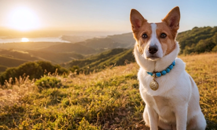 A una gata amanecer en un ambiente natural, posando suavemente sobre una collana con algunos objetos tradicionales caninos como flecos y un collar En el fondo podrían estar cielos azules y una majestuosa llanura boschuda La gata debería tener unos 2 metros de alto y 1 metro de ancho, lo que permitirá captar la granowa visualismo del autor en los detalles de la imagen Le debe quedar bien contrasted con un fondo neutro o un poco desecho para resaltar su presencia y refinamiento La imagen también puede incluir un par de patas levantadas que ayudan a mostrar el instinto apasionado y combativo de la raza del Pastor lapón