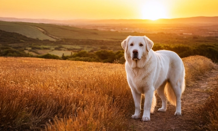 un gran mascarón con el pastor de Maremma en el centro, arrojando su manto hacia el cielo en una brillante tarde solar, mientras que los ojos grandes y concentrados del perro reflejan su valentía y carácter resiliente En el entorno, puede incluir un paisaje natural con la llanura de Maremma o algún otro elemento simbólico que represente la raza noble y auténtica