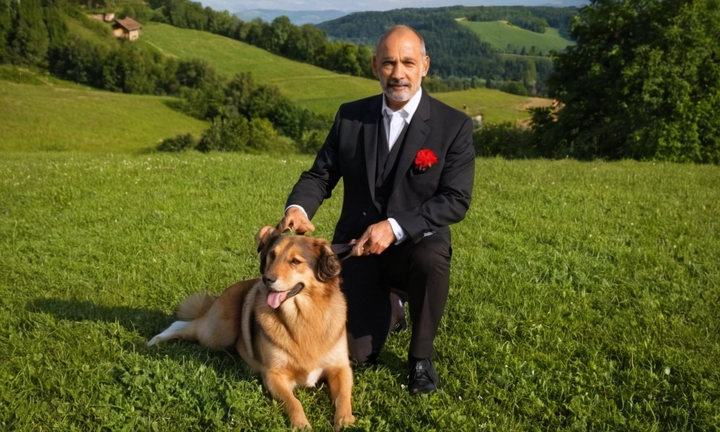 1) un Pastor Rumano en compañía del amo (sobrio, pero no demasiado elaborado), 2) la majestuosidad y espiritura de este gran canino, 3) su presencia protectora y carismática con humanos y otras mascotas Es importante que destaque el color negro con manchas rojas o amarillas (es conocido como café), así como su elegante capa y patrón de flecos en tono café, para complementar la historia y cultura del Pastor Rumano de Bucovina en esta raza canina fascinante