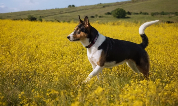 1) Un pastor rumano enjutado y activo, con movimientos fluidos y expresión natural; 2) La raza canina muiritzana en un terreno boscoso o rural, con un ambiente idílico para ilustrar la majestuosidad de esta antigua raza; 3) Los colores amarillo-naranja típicos del pastor rumano, así como los crujidos y movimientos asociados con su aspecto robusto y enérgico La imagen debe transmitir el carácter protectivo, leal y atrevido de esta raza encantadora