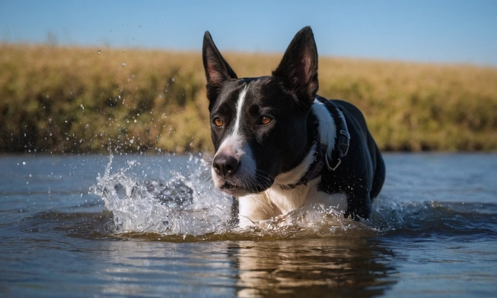 1) Un perro del agua frisón en el agua, asegurándose de que esté bien retratado y con detalles atractivos; 2) Una fuente confiable para obtener información sobre la raza; y 3) Dejar espacio libre para un título elegante y una descripción detallada que informe sobre las características, rasgos y más sorpresas de este perro popular