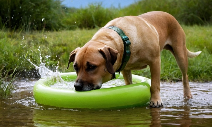 1) un perro de agua frison en acción, posiblemente jugando con su amo, para capturar la esencia de este animal acuático; 2) el fondo del escenario podría ser un lecho o pantano reflejando los colores verde-azules de las aguas La composición y el contraste deberían ser relevantes, invitando al espectador a explorar el contenido del artículo