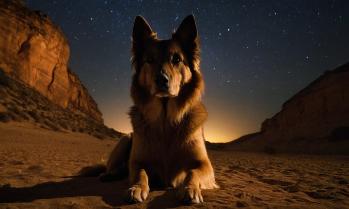 1) Un perro de Chindo adulto enjutándose suavemente, con su pelaje liso y suave que contrasta con el fondo del cielo nocturno; y 2) Los ojos redondos y expresivos de este adorable animal con una atmósfera de tranquilidad y bondad La composición de la imagen debe ser atractiva y realista, al mismo tiempo que refleja la naturaleza enérgica y carismática del perro de Chindo