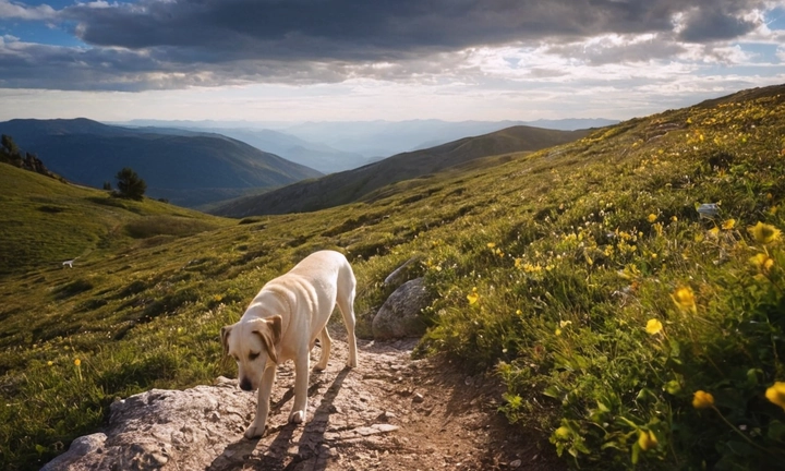 1) un perro de montaña en acción, como corriendo o escalando, expresando energía y valentía; 2) una área natural inspiradora, como un paisaje escarpado con nubes blancas y amarillas, para ilustrar el entorno donde viven estos canastos; 3) una visión aérea o enfoque tridimensional que destaque la belleza única de esta raza Asegúrate de que la imagen refleje la adaptabilidad y característica específicas mencionadas en el artículo, como su gran habilidad para sobrevivir en entornos alpinos difíciles y ser una opción ideal para las comunidades locales