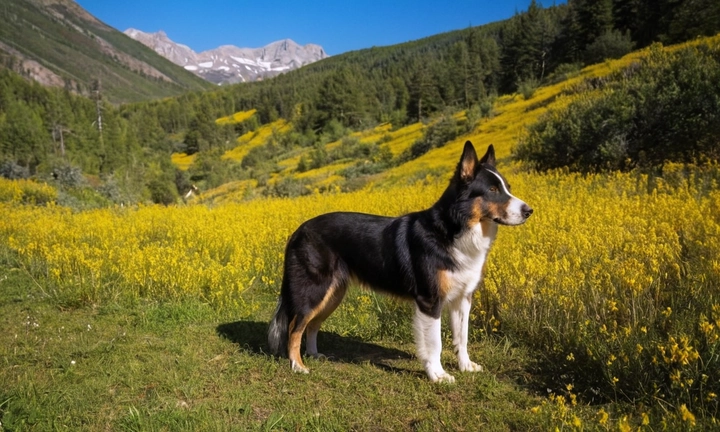 1) un perro de montaña en acción, como caminar por terrenos escarpados o recorrer riberas; 2) los colores típicos y características de esta raza únicas, como el dorado o el amarillo con reflejos azules; 3) una imagen que muestre la belleza natural del perro de montaña en su entorno natural No es necesario incluir información detallada sobre el artículo itself, sólo deben ser respetados los aspectos básicos y representativos que identifican a esta raza única