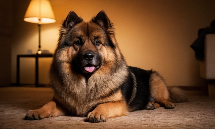 1) Un perro de Eurasier en una posición cómoda y contento, con ojos mirando hacia abajo; 2) La belleza natural de la pelaje de este gran perro asiático con un tono marrón-obsidian y manchas blancas; y 3) Un fondo neutro como el cielo nocturno para darle profundidad a la imagen