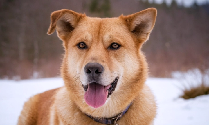 un hermoso y enigmático Hokkaido en el paisaje nevado, con una sonrisa encantadora y ojos azules que captan la emoción y encanto de este preciado animal Debe ser evidente su carácter dulce pero decidido, contrastando con el ambiente escenario alegremente hostil del entorno natural La imagen puede incluirlos en compañía con otros perros locales o simplemente mostrar solo ellos, sentados y explorando la vista imponente de Hokkaido Deberá ser un retrato bien enfocado que destaque los rasgos distintivos de este lindo animal japonés