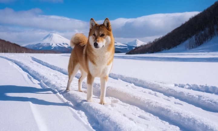 0) Un hermoso animal Hokkaido en compañía de su dueño, admirando las maravillosas vistas del paisaje nevado en el emblemático destino turístico de Hokkaido, Japán