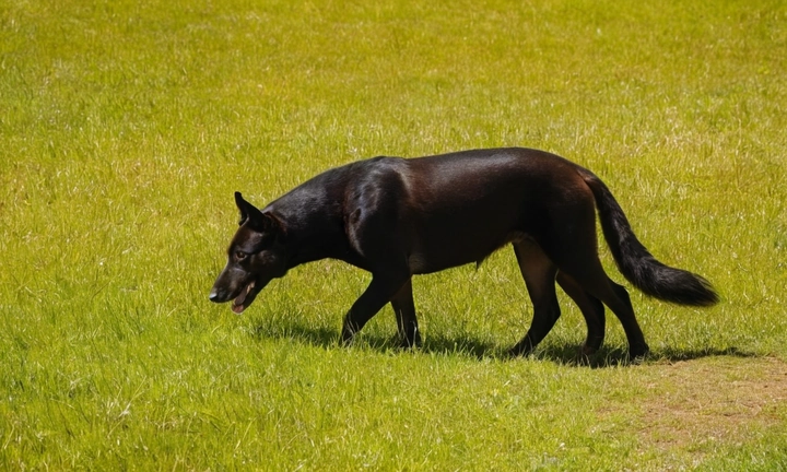 1) un hermoso Kelpie Australiano en acción, como corriendo o jugando; 2) su majestuosa pelaje de tonos azules y marrones dorados combinado con la luz del día; y 3) una atmósfera natural, como en un valle montañoso o un paisaje selvático