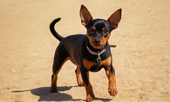 1) Un perro Pinscher enérgico y activo, con movimientos fluidos y vivaces; 2) Su esbelta postura con la cola levantada para indicar su lealtad y valentía; 3) La expresión de confianza y respeto que refleja el perro tras dar una mirada firme al espectador