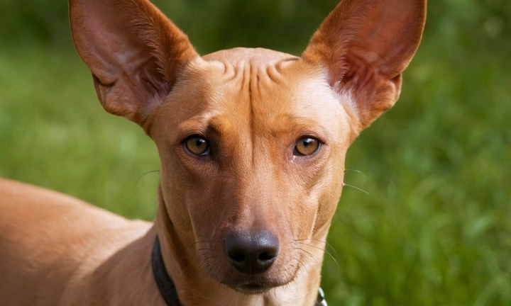 1) Un perro de raza conocida como El Pharaoh Hound, con una expresión cómica y un tono amistoso; 2) Sus ojos color carmesí vibrantes que parecen estar mirando hacia atrás y versátiles para capturar el sentimiento del texto; 3) Un fondo neutro que sugiera la naturaleza fascinante y emocionante del contenido de artículo La imagen debe transmitir una sensación de interacción, aventura e ilusión por descubrir las características únicas y detalladas de esta raza canina cautivadora