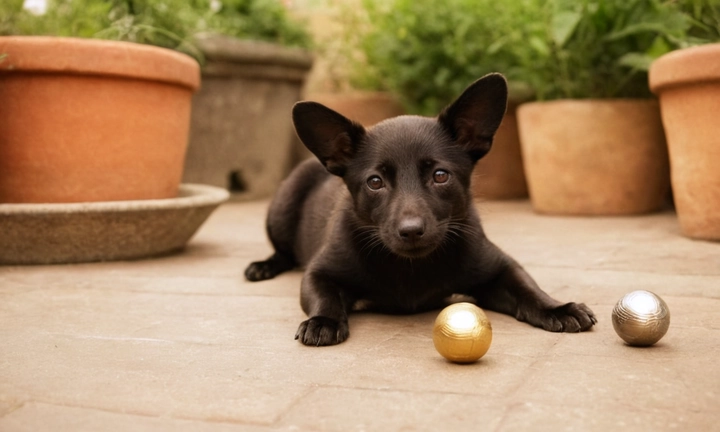 1) Un hermoso Ratón de Praga en color negro, arrojando una moneda o una pelota; 2) Una vista amplia y detallada del perro jugando felizmente en su terraza o jardín natural; 3) Una ilustración delicada que represente el carácter alegre y juguetón del Ratón de Praga