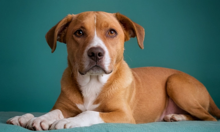 1) Un perro pequeño, feliz y con aspecto alegre, posando detrás de algún objeto que ilustre su interés; 2) Una exquisita combinación de colores pastel como el rojo, verde, amarillo y blanco, que transmitan ¡energía y optimismo!; 3) La presencia de un fondo neutro o con pinceladas naturales en tonos verdosos, creando una atmósfera acogida y auténtica