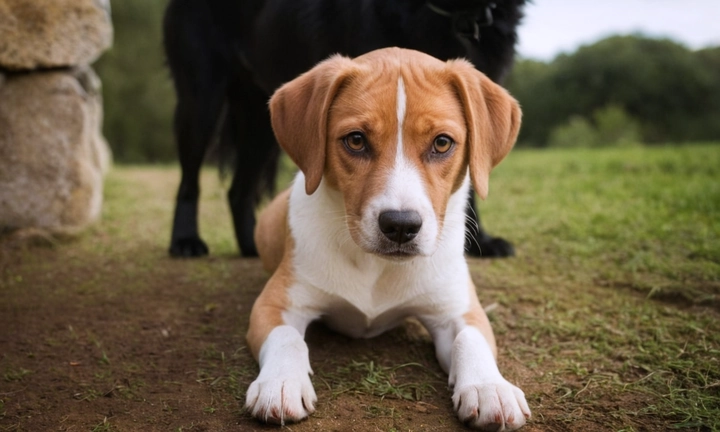 1) Un perro Anglo-Frances en acción cazando, con ojos concentrados y facial expresión aventurera; 2) Sus características únicas, como colores contrastantes (verde, blanco y negro), patas cortas y fuertes, o la correa y mochila adornada con elementos tradicionales del terroremiento; 3) Un fondo neutro, con posibilidades de color atractivo y minimalismo en la composición visual