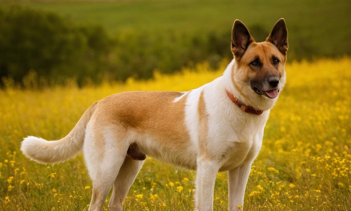 1) Un perro enérgico y activo con características eslovacas, como la pelaje oscura y la combinación de colores amarillo claro y dorado 2) La localización o país donde reside el perro, presumiblemente en un paisaje natural interesante y lejano 3) Una fecha o un rincón temporal que sugiera la época en la que se trata el contenido del artículo