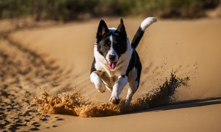 Un sabueso francés tricolor en movimiento, tal vez corriendo o jugando con otros perros Destaque el tono de los colores y evite presentar imágenes donde el animal sea cubierto por otra pieza Deja que la pasión del can se transmita a través de la imagen