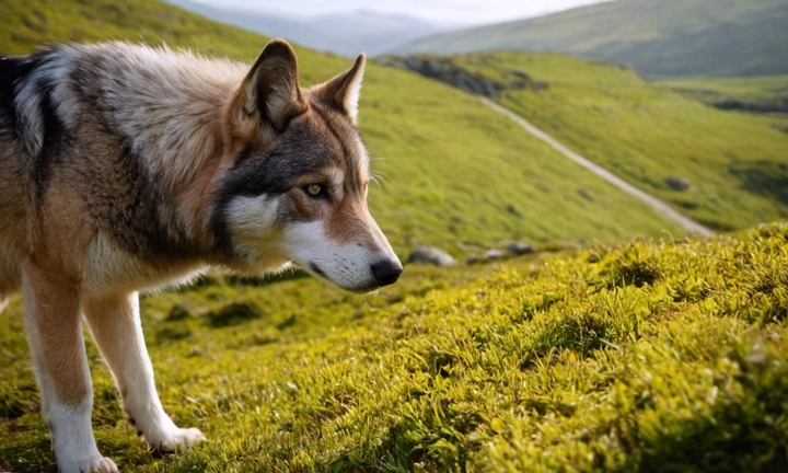 1) Un lobo irlandés adulto en su entorno natural, posando con sus características facciones y movimientos naturales; 2) La belleza de la raza al estilo paisajístico, combinando elementos escoceses y estadounidenses, mostrando la majestuosidad y atractivo visual del lobo irlandés; 3) Un ambiente nublado o con poca luz natural que destaque la presencia poderosa de los lobos en su entorno natural