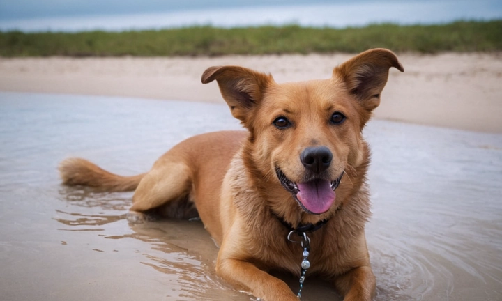 1) un perro enjuta con un sorriso contentido, representando su carácter amistoso y atento; 2) la corriente del agua reflejando su pelaje de colores pastel (principalmente púrpura y azul turquesa), simbolizando el refinamiento y elegancia de esta raza canina; y 3) un cielo escarlín en el fondo, añadiendo una touch de naturalidad y belleza Asegúrate de que la imagen tenga un legado nítido y atractivo al capturar los aspectos más relevantes del tema propuesto