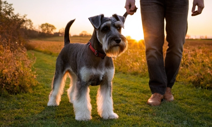 1) Un Schnauzer Gigante en distintas etapas del día a día, como caminando, jugando con otros perros y interactuando con su dueño 2) El pelaje marrón claro con flecos y rulos, que contrasta con el pelaje moreno o gris oscuro típico del Schnauzer 3) Colores vivos y uniformes, como los colores amarillo, verde y rojo en las patas y la cabeza del perro Algo como una tocha activa jugando entre flores mientras el sol resplandece sobre su cuerpo majestuoso Asegúrate de que el fondo sea minimalista y que el foco esté en el Schnauzer Gigante, con un cielo azul intenso y un paisaje natural bonito Intenta resaltar los rasgos únicos del perro Schnauzer Gigante: su físico robusto y musculado, su pelage imponente y vibrante, y sus colores vivos contrastantes con el entorno Ten en cuenta que la imagen debe ser atractiva y reconocible de inmediato, para que los visitantes del sitio web se sientan inmediatamente interesados al leer sobre este Schnauzer Gigante único e impresionante