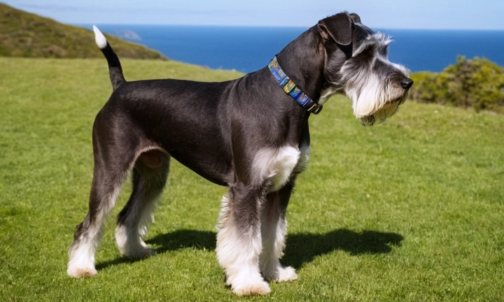 1) Schnauzer Gigante en diferentes posiciones (sentado, a caballo, corriendo); 2) su aspecto físico con características únicas como ojos grandes y patas poderosas; 3) el pelaje suave y uniforme, disponibles en varios colores como los tradicionales blanco y negro, así como otros tonos como el verde oliva y el azul ciñudado La imagen debe transmitir la diversidad y rara calidad del Schnauzer Gigante mientras mantiene una apariencia majestuosa y alegre