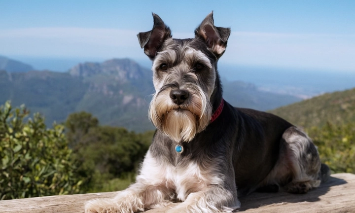 1) Un Schnauzer Gigante en compañía de su dueño admirando el paisaje natural, con facciones serias y expresión cautelosa 2) El pelaje del Schnauzer en tonos azules bicolor, con una capa suave y densa que sugiere un carácter valiente y decidido 3) Un cielo lejano brillante y pálido en el fondo, mientras que el foco está colocado en la imagen de alta resolución del Schnauzer Gigante, evidencióndolos rasgos físicos y características únicas de este perro galáctico