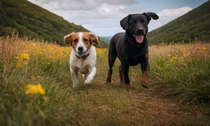 3 perros enjुntos, cada uno con el cuerpo erguido y las patas arqueadas, posando sobre un suave terreno naturalizado con ramificaciones y hojas de acantilado Los ojos grandes y expresivos deben estar enfocados en el centro de la imagen y mostrar sensibilidad e inocencia La paleta de colores debe incluir tonos marrón oscuro, crujido beige y pizarras amarillo claro, con un cielo celeste a lo largo del horizonte El fondo puede tener un simple recadreado en tono pastel o una textura suave que respete la elegancia y el realismo de la composición Debe destacarse el carácter amigable y noble de esta raza canina, al estilo Spaniel Picardo