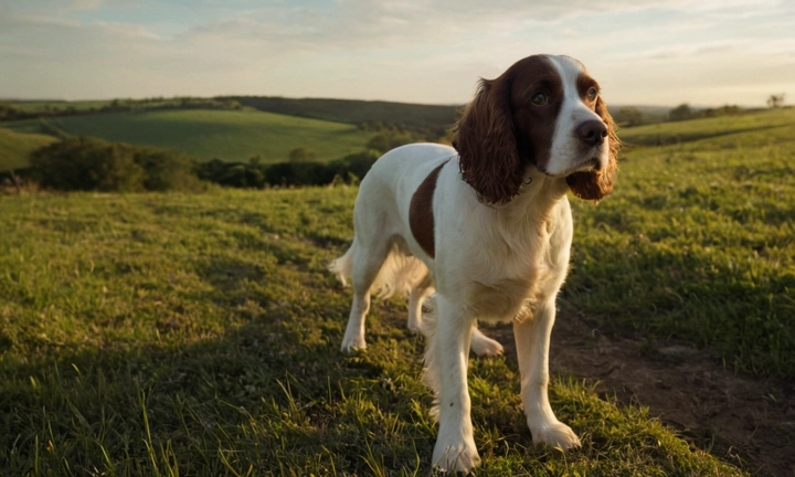 1) el spaniel de campo en acción, como jugando o buscando presas; 2) la belleza natural del animal en un fondo neutro y simple La resolución del archivo debe ser adecuada para la publicación en línea, con una resolución máxima de 720p Para describir el contenido de la imagen, podrías decir algo como: La imagen captura el instinto cazador y lo hermoso aspecto del spaniel de campo Viste con colores tierra oscura y contrastes claros para transmitir su energía y carácter