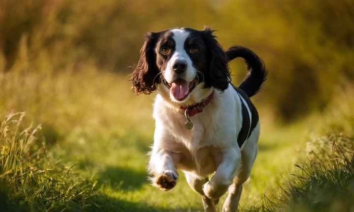 1) el spaniel en acción, como corriendo o jugando, y 2) su hermosa presencia con un tono agradable en tonos neutros Evita ilustrar el animal sin interacción con el entorno, ya que sería poco realista y podría descontentar al lector actualizado Asegúrate de que la imagen sea claramente visible y tenga tamaño adecuado para el formato de portada del sitio web