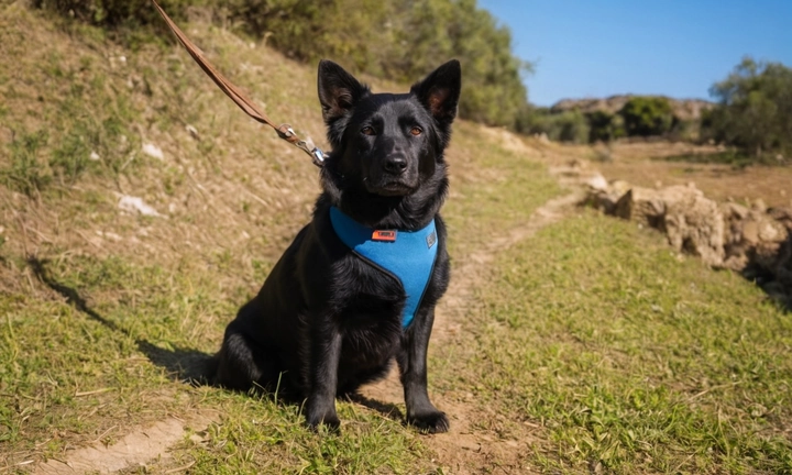 1) Perro elenco en tono de fondo natural con colores claros y delicados, como la madera o el azul; 2) La raza se veen representando en un terreno abierto y soleado, posiblemente junto a un jardín o una finca; 3) Sus facciones son esbeltas y delicadas con una expresión amable y tranquila que refleja la personalidad de esta rara variedad canina Debe destacarse el cuidado atento del propietario en su entorno natural